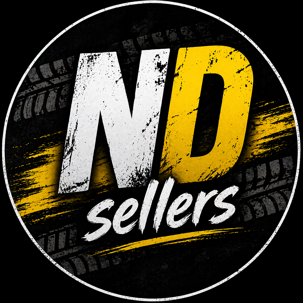 Оригинальный логотип ND Sellers: белая N, жёлтая D и следы шин в круге